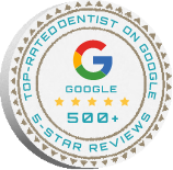 Top rated dentist on Google over 500 5 star reviews badge