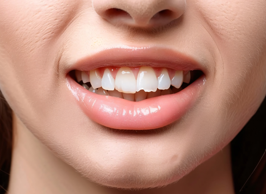 Close up of woman's chipped tooth smile
